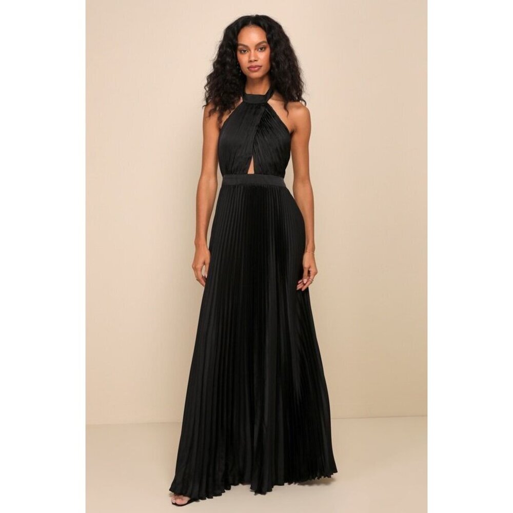 Lulus Midnight Moves Black Pleated Satin Cutout Halter Maxi Dress - Size L